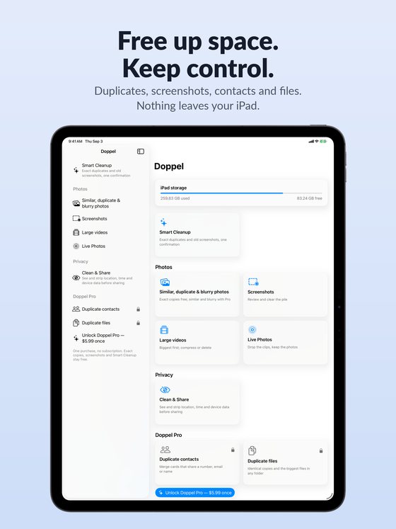 Doppel iPad home screen with sidebar navigation