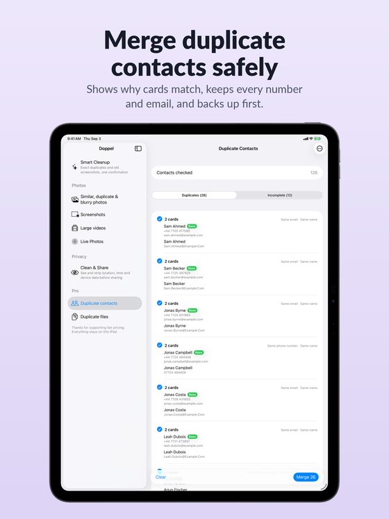 Doppel iPad duplicate contacts view
