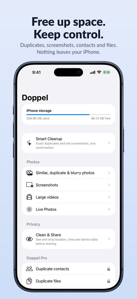 Doppel home screen showing storage overview and tools