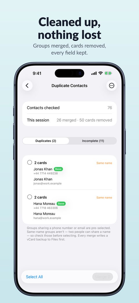 Contacts merged, duplicates removed